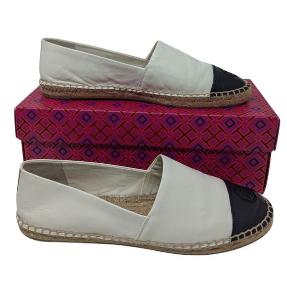 Tory Burch Colorblock Leather Espadrilles White Black Cap Toe Flats Size 10 - Picture 7 of 9